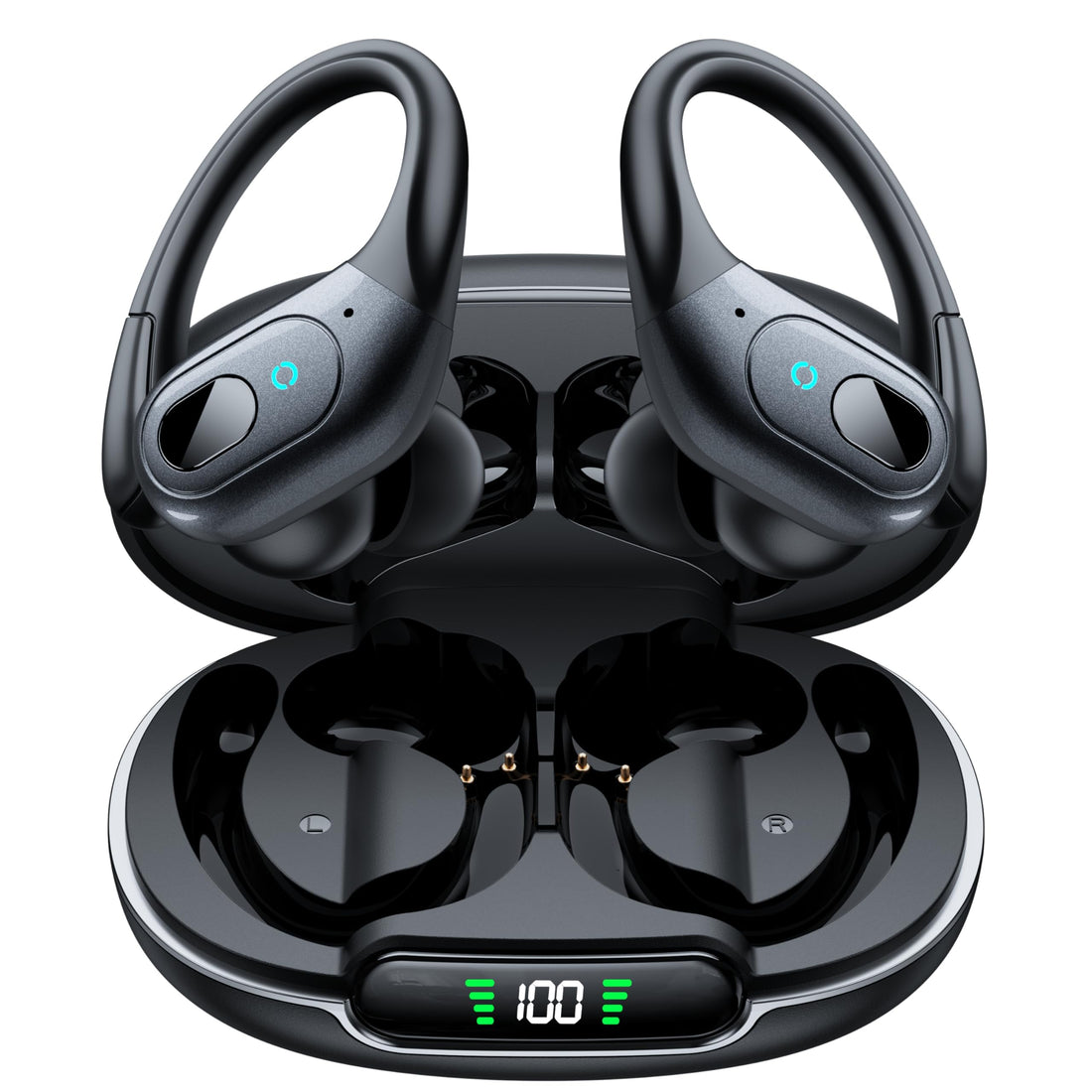occiam Active Noise Cancelling Ear Buds Bluetooth Headphones Wireless Earbuds 90Hrs Playback Stereo Bass Earphones with Over-Ear Hooks IPX7 Waterproof Earbud for Sports Running Gym Workout Black